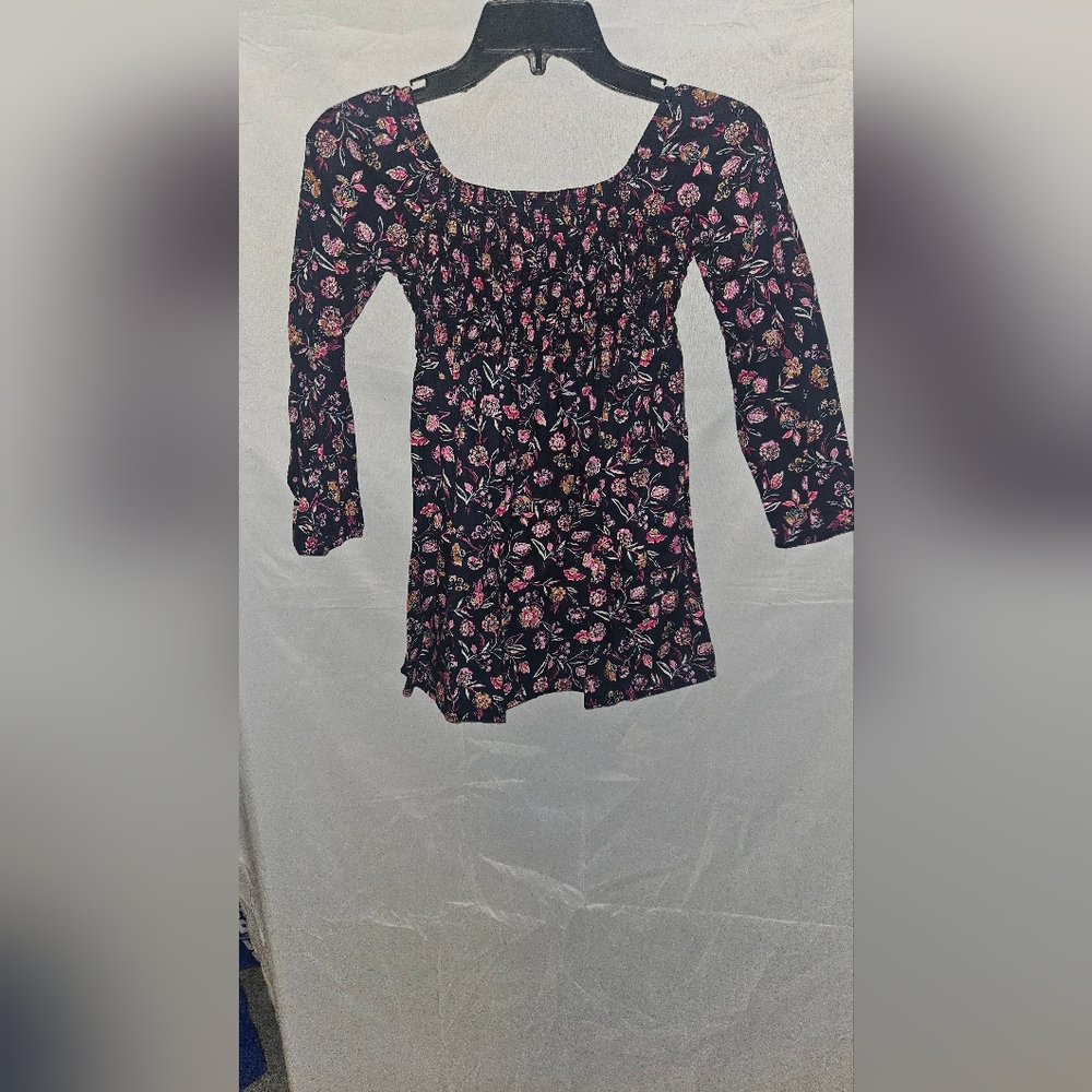 GAP Black Floral Long-Sleeve Smocked Casual Dress with Pink Accents